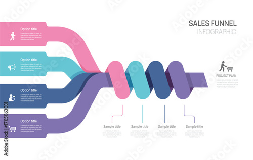 Sales funnel Infographic diagram template for business. Timeline 4 steps Tunnel, presentation vector infographics.