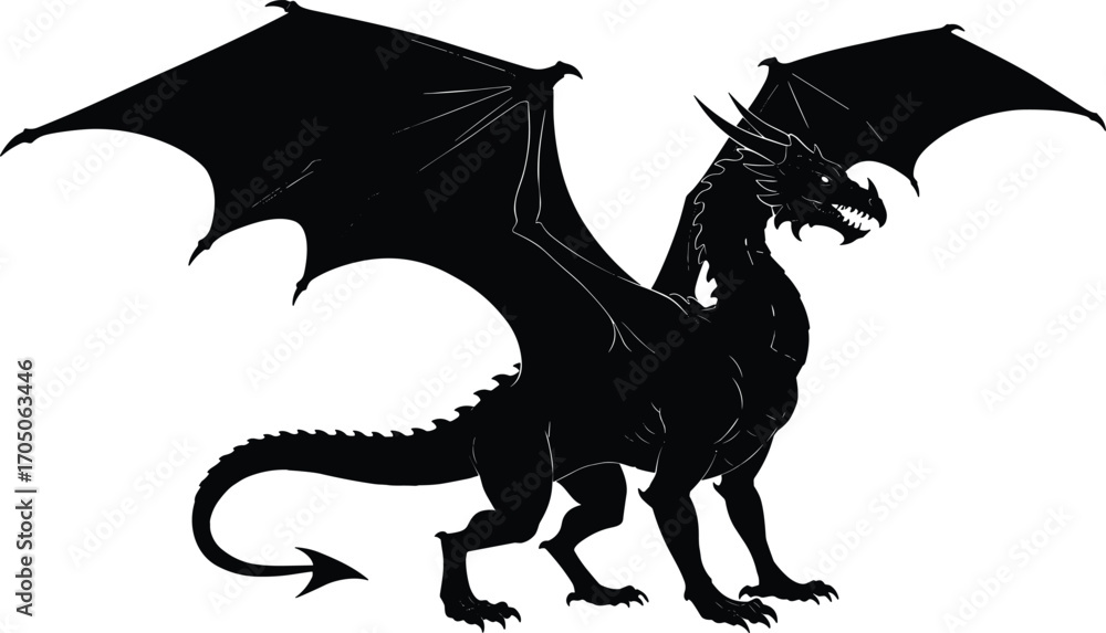 Fototapeta premium Black dragon silhouette with open wings, long tail, sharp claws, mythical fantasy creature illustration, legendary beast vector artwork design