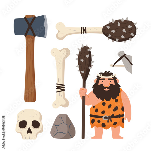 A collection of primitive tools and a caveman depicting prehistoric life and survival.