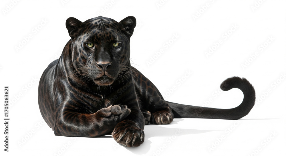 Obraz premium Majestic Black Panther Lying Down and Looking at Camera Isolated on transparent background