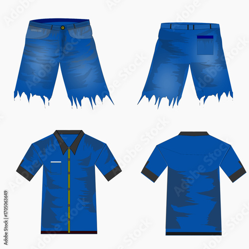 Sketch drawing of casual wear, showing front and back views of a t-shirt and pants with pockets, ideal for fashion design templates.