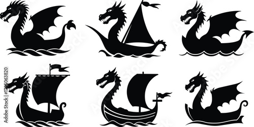 Set of dragon boat silhouettes with sails and waves, mythical sea creature ship illustration, fantasy nautical design, black vector art