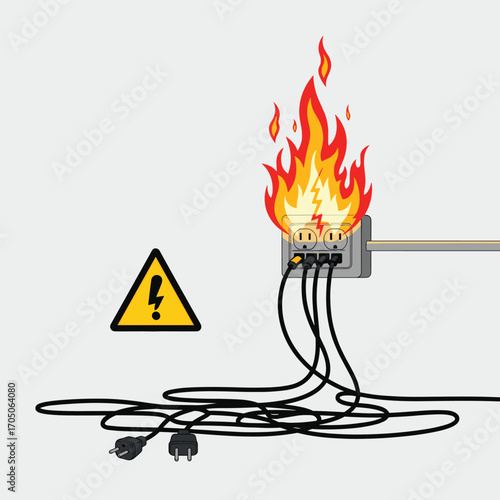 Electrical hazard warning sign with a burning outlet and tangled wires.