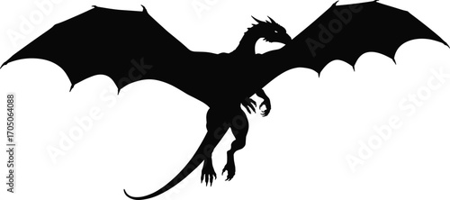 Flying dragon silhouette with wide wings spread, mythical fantasy creature vector illustration for tattoo, design, logo, decoration, medieval, legend