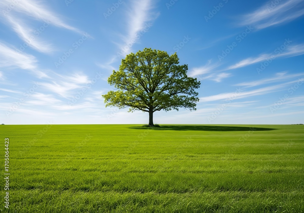 Obraz premium Tree under bright midday sun in green field.