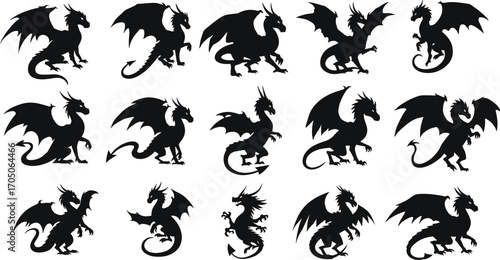 Collection of dragon silhouettes in different poses, mythical fantasy creatures with wings and tails, legendary beast illustration design for artwork