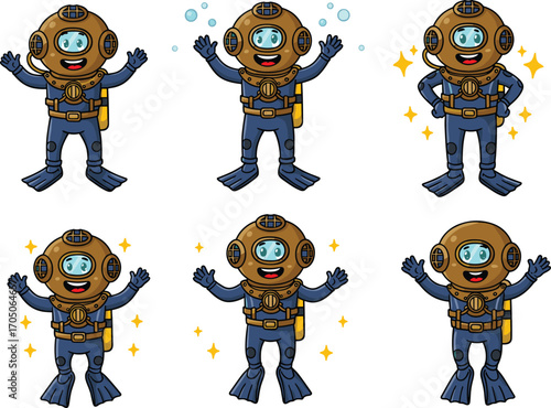 Vintage deep sea diver cartoon character set, retro scuba diving suit illustration, underwater exploration mascot, marine adventure vector art for commercial use
