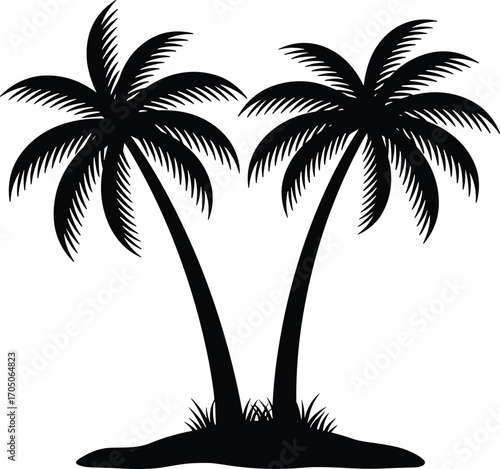 Silhouette of two tropical palm trees on island with grass, exotic beach summer design, black vector illustration for travel background