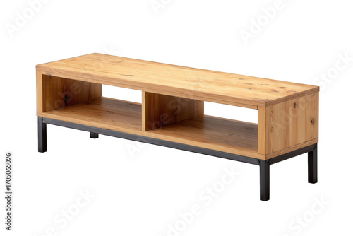 Wooden tv stand with black metal legs isolated on transparent background