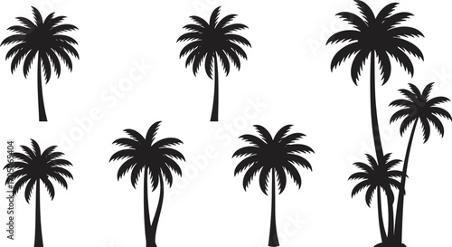 Collection of tropical palm tree silhouettes isolated on white background, summer beach island design set, exotic vacation paradise vector illustration