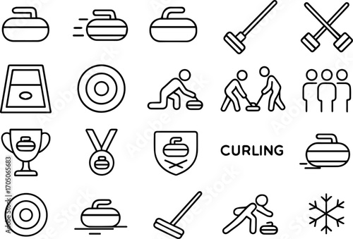 set of icons on the theme of winter sports, namely curling, consisting of people involved in the sport and the elements used in it, for thematic designs and packaging
