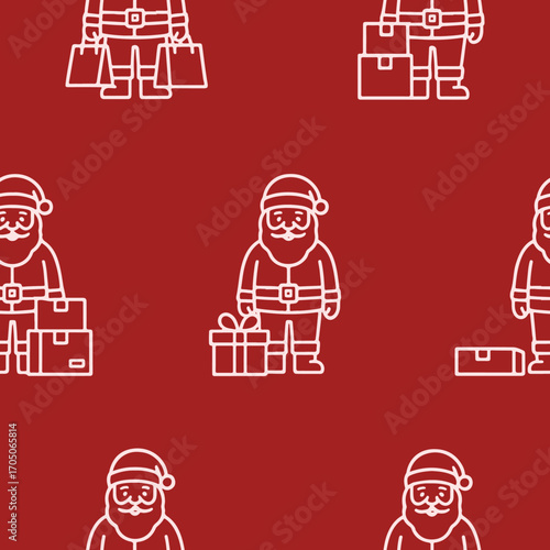 pattern of various Santa Claus with various attributes of delivery and packaging and gifts in line art style on a red background