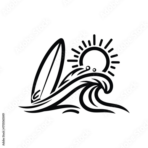 Vector illustration of surfboard on a wave with sun