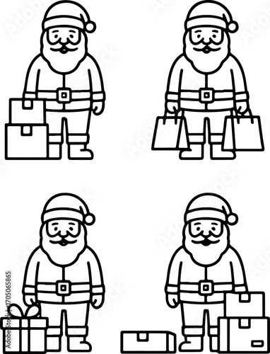 set of various Santa Claus with various attributes of delivery and packaging and gifts in line art style
