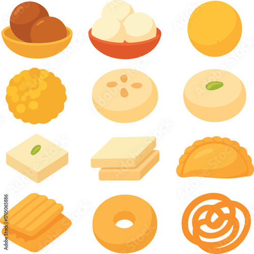 set of various sweets of Indian origin made from various ingredients, for themed designs for holidays in India
