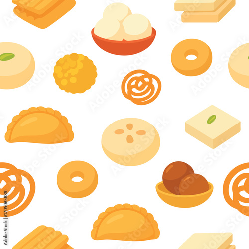 pattern of various sweets of Indian origin made from various ingredients, for thematic designs for holidays in India