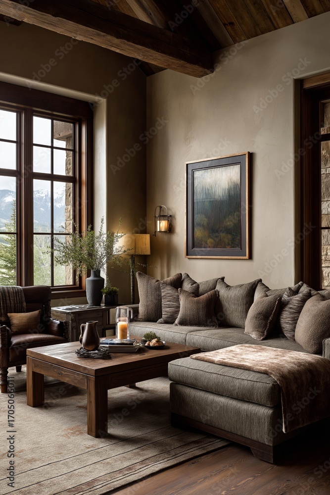 Obraz premium Cozy living room with rustic charm featuring a sectional sofa and warm lighting in a mountain retreat