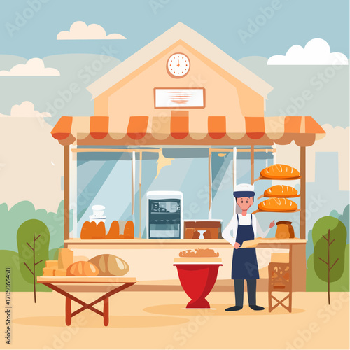 Bakery and bread. Vector modern illustration of pastry, loaf, croissant, bagel production and baking of bread