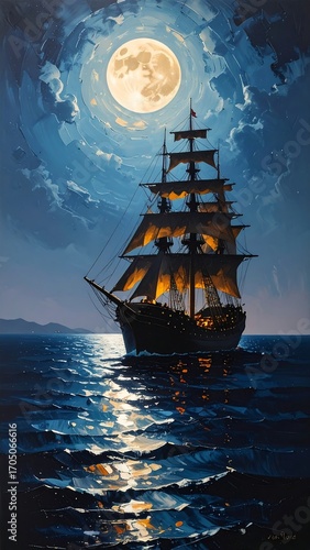 Moonlight sails on dark sea