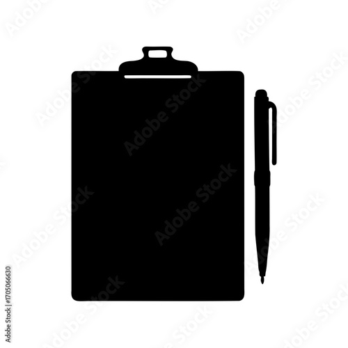 Silhouette image of a clipboard and pen on a white background illustration