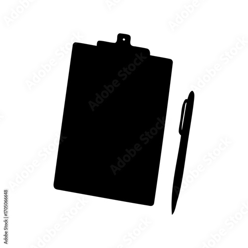 Black and white illustration of a clipboard and a pen with white background