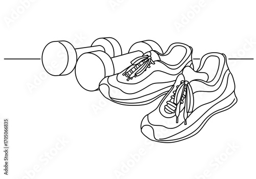 Simple and stylish line drawing vector illustration of sneakers and dumbbells for fitness training and healthy lifestyle