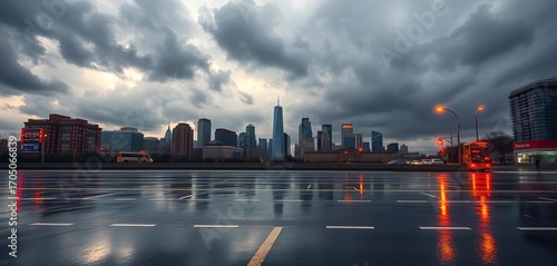 Fototapeta Naklejka Na Ścianę i Meble -  Moody grey clouds, dramatic light, city skyline reflected in wet street,  buildings,  shadows