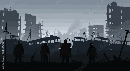 Vector illustration of survivors in a destroyed city after apocalypse