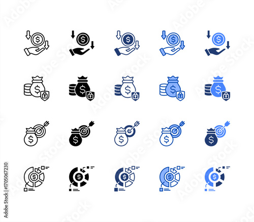 Passive income, Financial goals, Financial security, Asset allocation, multiple style icon set.
