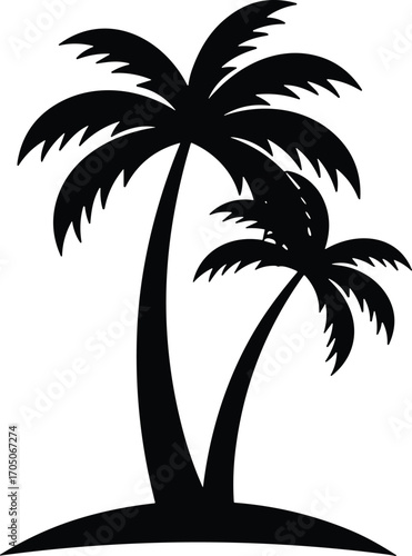 Tropical palm tree silhouette on island, coconut tree vector illustration, exotic beach holiday decoration, summer paradise nature graphic design