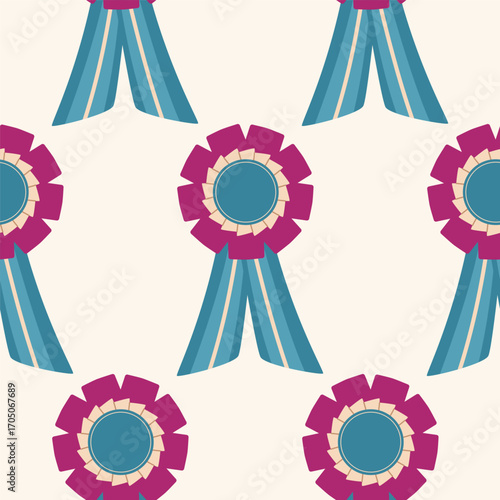 Seamless pattern with rosette badges. Ribbon winner rosette in repeat print. Ranking badges, prize emblems, awards for success for background
