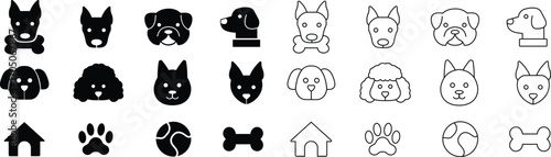 Black and white dog icons set, collection and group of puppy face, pet paw, bone, house, ball, silhouette and outline illustration, flat style and line style vector design isolated on transparent back