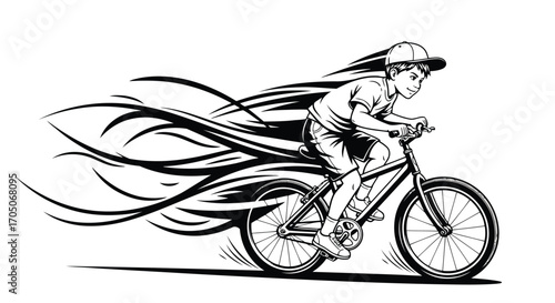 Vector illustration of boy riding bicycle with speed lines isolated on white