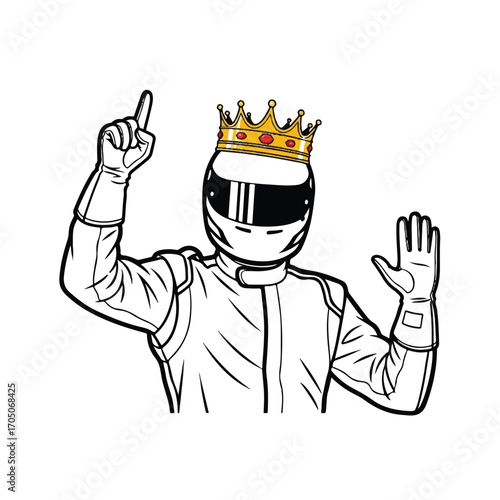 A racing driver wearing a helmet and crown, celebrating a victory.