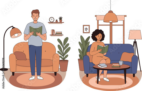 People reading books in cozy living rooms, relaxing at home, modern interior design, comfortable furniture, indoor plants, peaceful lifestyle, leisure activity, home decor, vector illustration