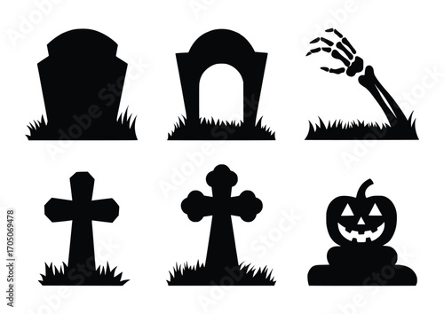 Halloween Gravestones Silhouette: A collection of silhouetted gravestones, with a menacing pumpkin, crosses, and a bony hand rising from the soil, evoke the spooky aura of the holiday