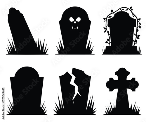 Halloween Tombstones Silhouette: A collection of spooky tombstones in various shapes and styles cast against a backdrop of grass, perfect for creating a festive and eerie atmosphere.