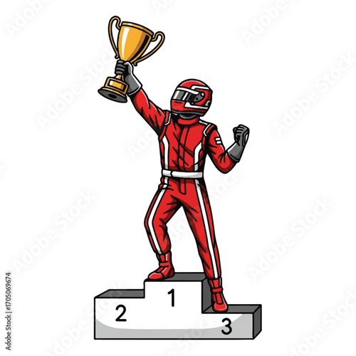 Race car driver in red suit celebrating victory on a podium, holding a golden trophy.