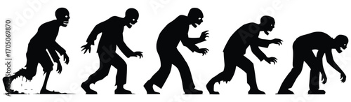 Creeping shadows: Five silhouettes depicting a sinister, eerie zombie walking, capturing a sense of dread.