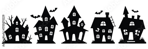 Silhouette Spook: A spooky silhouette scene of several houses, accompanied by the fluttering silhouette of bats, evokes the essence of Halloween's mysterious ambiance.