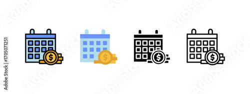 Set of calendar icons with a dollar coin, suitable for financial planning, budgeting, saving, investment, and time management concepts.
