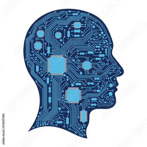 Stylized human head silhouette filled with a complex blue circuit board design, representing artificial intelligence.