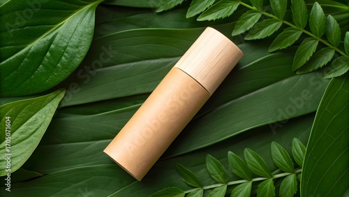 Eco-Friendly Paper Lip Balm Tube Mockup in Kraft Style with Text-Free Minimal Design – Sustainable Cosmetic Packaging Showcase on Leafy Green Natural Backdrop for Organic Branding