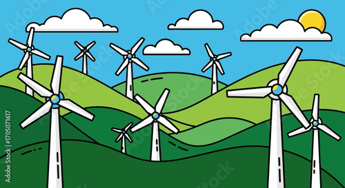 Wind Turbines on Rolling Green Hills, Clean Energy Illustration