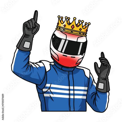 Cartoon illustration of a victorious race car driver wearing a crown and pointing upwards, celebrating a win.