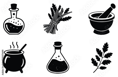 Potion Bottles and Herbal Ingredients: A carefully curated collection of potion bottles, herbs, and essential ingredients, beautifully depicted in a minimalistic, eye-catching illustration.