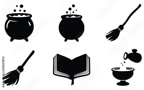 Witchcraft Icons: Symbolic illustrations evoke a sense of arcane enchantment, revealing tools of magic, from a bubbling cauldron and broom to an open spellbook and potion pouring.