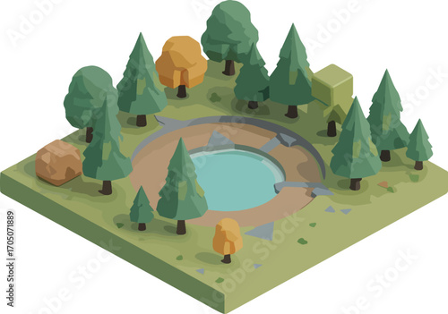 Isometric Green Space: A picturesque isometric illustration, teeming with geometrically styled trees and a serene pool.