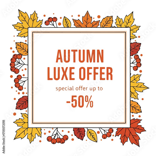 Autumn Luxe Offer advertisement with colorful leaves and berries, offering a special discount.