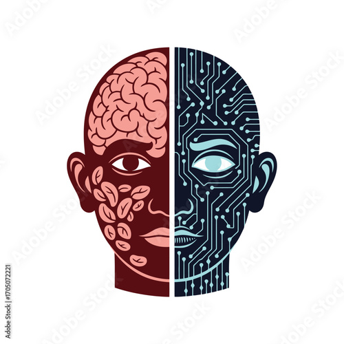 A stylized human head, divided, showcasing a biological brain and a technological face.